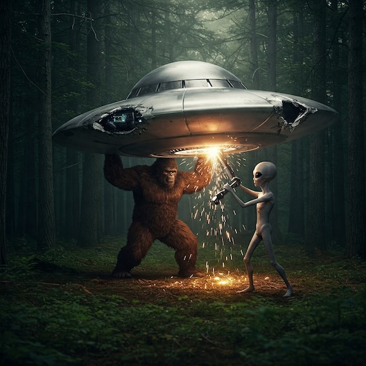 Image of bigfoot holding up a UFO supporting an aliens efforts